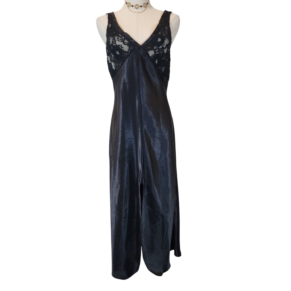 Val Mode Lingerie Black Lace Trim Maxi‎ Slip Dress Sleeveless - Size Small